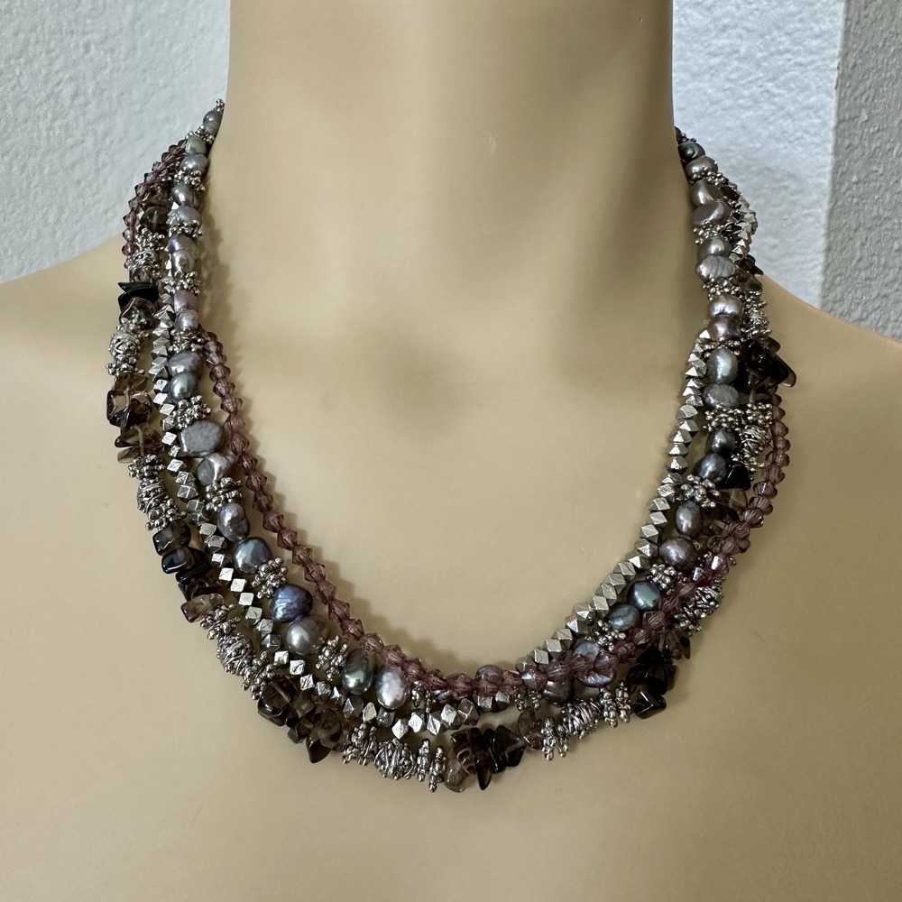 VTG Multi Four Strand Necklace 20 Inch ‎ Pearls Smoky Quartz Metal Acrylic Beads